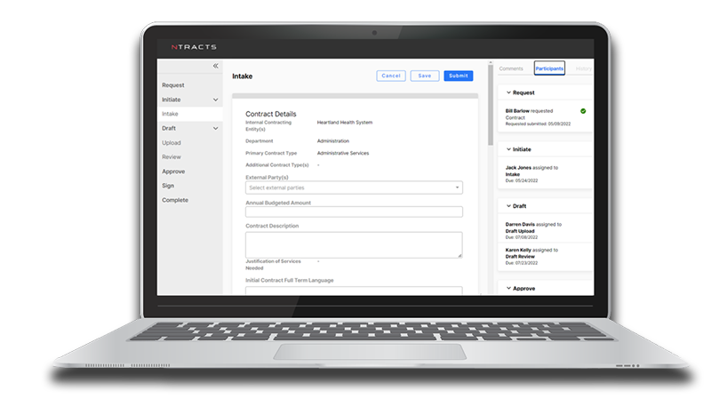 Ntracts CLM software intake screen for contracts